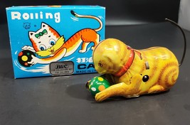 Rolling Cat Tin Litho Wind Up Cat Toy in Box 1950s Japan Chasing Ball - $19.79