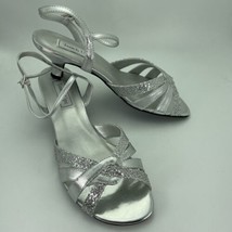 Touch Ups Jane Shoes Silver Size 10 Wide 1 3/4&quot; Cuban Heel Ankle Strap P... - £30.37 GBP