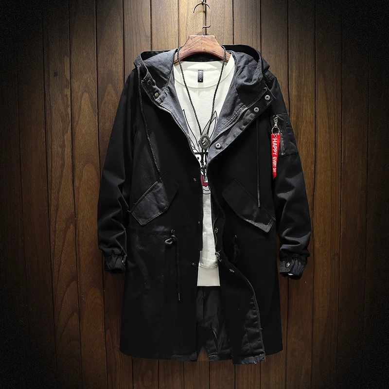 Long Trench Coat Jacket Men Cotton Autumn Spring Black Hip Hop Japanese Coats St - £156.43 GBP