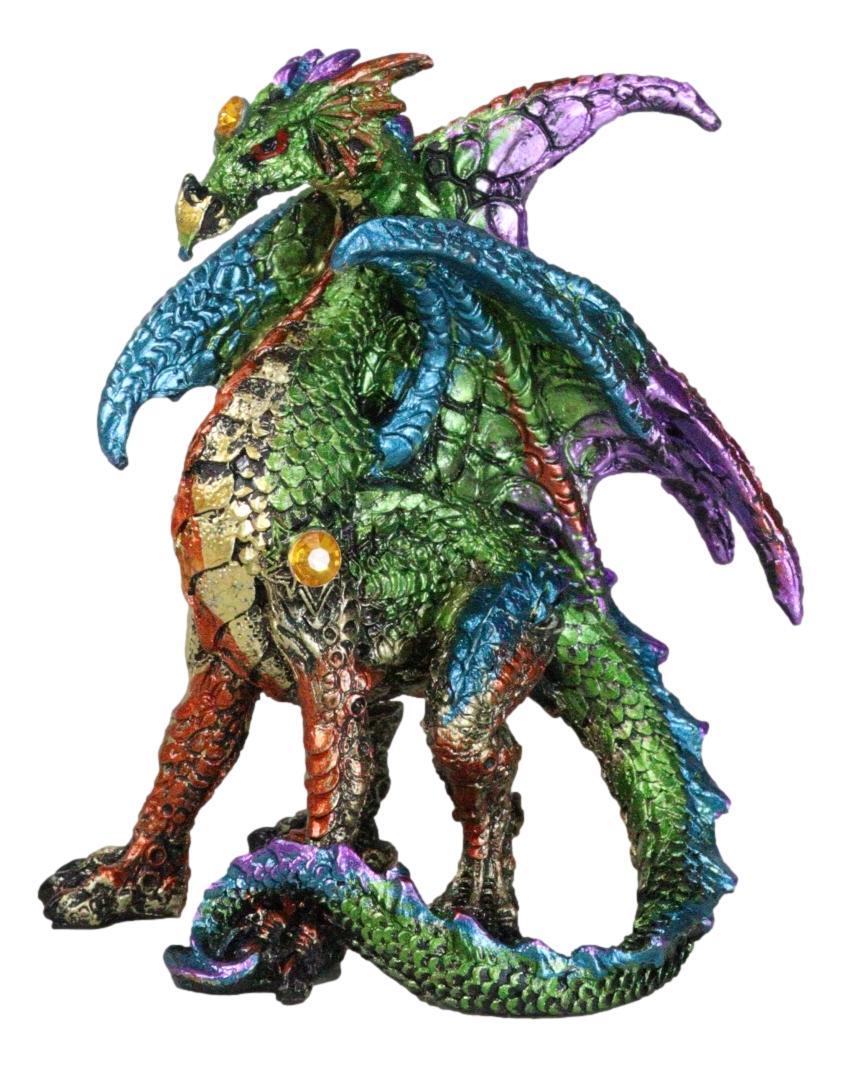 Standing Semi Metallic Rainbow Sky Horizon Dragon With Gemstones 4&quot;H Fig... - $17.99