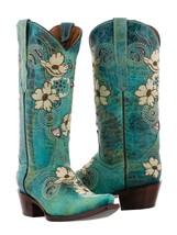 Womens Turquoise Beige Flower Embroidered Leather Cowboy Cowgirl Boot Distressed - £84.94 GBP