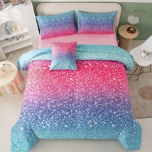 6Pcs Pink Full Size Comforter Sets For Girls Colorful Rainbow Glitter Kids Beddi - £75.83 GBP
