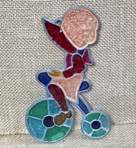 Vintage Stained Glass Style Bonnet Girl On Bicycle Sun Catcher Prairie - £9.52 GBP