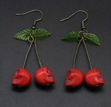 Drop Dangle Pierced Earrings Skull Cherries Red Green Costume Jewelry  - $10.64