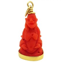 Vintage 18K Yellow Gold &amp; Coral Chinese Buddha Charm Pendant - £159.45 GBP