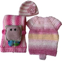 Crocheted Baby Blanket Jumper Hat Grannycore Shower Gift 36&quot; Handmade Multicolor - £21.22 GBP