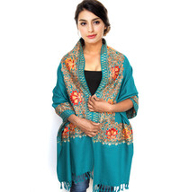 Women Aari Kashmir Stole Multi Color Flower Embroidered Wool Shawl Cashmere - £62.16 GBP