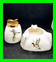Vintage Evans Fine China Gold Table Lighter And Ashtray With Ducks Hunti... - $79.19