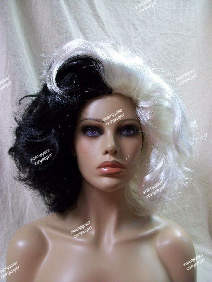 Black Blonde Cruel Diva Wig Evil Madame Cruella De Vil Dalmatian Villain Skunk Wigs And Facial Hair 1015