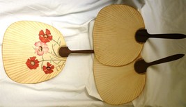 JAPANESE ANTIQUE HAND HELD NOT FOLDABLE FANS SET OF 3 FLOWER APPLIQUE - $23.52