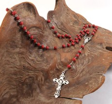 Vintage Silver Red Clay Beaded Jesus Crucifix Cross Pendant Rosary Necklace - $11.69