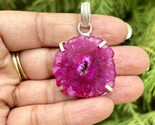 925 Sterling Silver Plated, PINK Druzy Geode Agate Stone Pendant, Healing 8 - $12.73