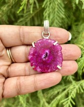 925 Sterling Silver Plated, PINK Druzy Geode Agate Stone Pendant, Healing 8 - $12.73