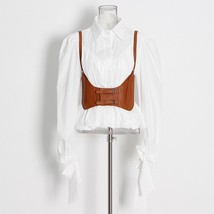 New brown leather suspender vest lapel long sleeved pleated white short shirt two piece thumb200