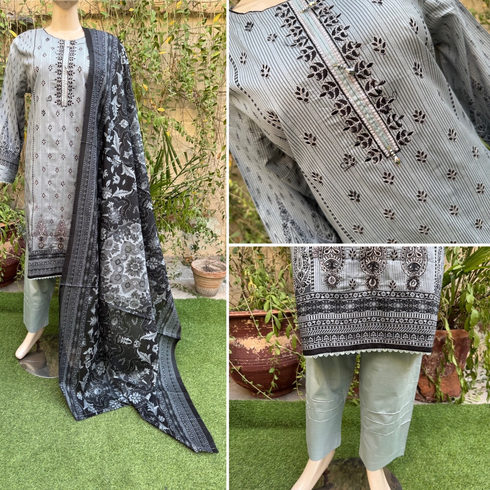 Pakistani Gray Printed Straight Shirt 3-PCS Lawn Suit w/ Threadwork ,L - $56.43