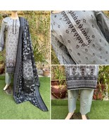Pakistani Gray Printed Straight Shirt 3-PCS Lawn Suit w/ Threadwork ,L - $76.65 CAD