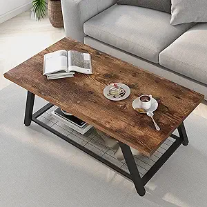 2-Tier Industrial Coffee Table Mnimalist Vintage Farmhouse Wooden And Me... - $259.99