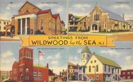 Greetings From Wildwood By Sea Churches New Jersey 1945 linen postcard - £5.06 GBP