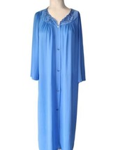 Vintage Shadowline Nylon Robe Womens Size M Blue Embroidered Flowers Button Up - £18.57 GBP