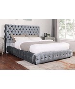Contemporary Gray Upholstered Queen Bed: Tufted Headboard &amp; Footboard - $1,238.93 CAD