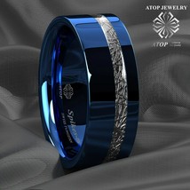 8mm Blue Polished Tungsten Ring Off Center 925 Silver Men&#39;s Wedding Band Ring - £23.97 GBP