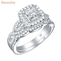 Newshe 2 Pcs 925 Sterling Silver Engagement Ring Wedding Band For Women Princess - £41.61 GBP