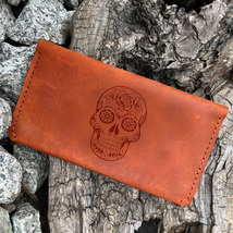 Personalized  Long Wallet. Custom Leather Engraved Skull Wallet Mens Clutch - £75.92 GBP