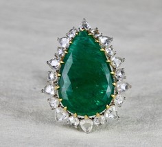 Big Natural Zambia Emerald Pear Cut Rose Cut Diamond 18K Gold Cocktail Ring - £15,567.45 GBP