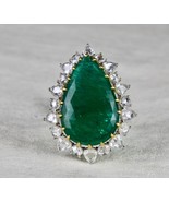 Big Natural Zambia Emerald Pear Cut Rose Cut Diamond 18K Gold Cocktail Ring - £15,531.66 GBP