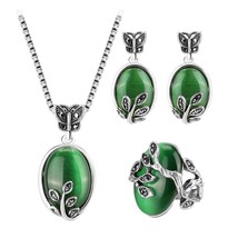 Natural Green Opal Lucky Tree Rings Earring Pendant Necklace For Women Tibetan S - £11.20 GBP