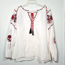 Mango MNG Casual White Embroidered Blouse XS Red Black Rose Long Sleeve ... - £18.18 GBP