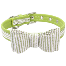 Stylish Bowknot Dog Size Medium Collar In Bright Green Faux Leather Stripes NEW - £11.21 GBP