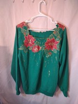 Vtg Ugly Christmas Sweater Granny Grandma Poinsettia Liquid Embroidery Naomi SzL - £18.71 GBP