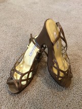 Ann Marino Womens Sandals Peep Toes High Heels Buckle Gold Bronze Brown Sz. 7.5M - £14.74 GBP