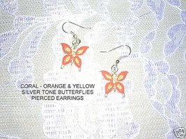 Orange &amp; Yellow Enamel Butterfly Silver Tone Butterflies Pair Of Earrings - £4.01 GBP
