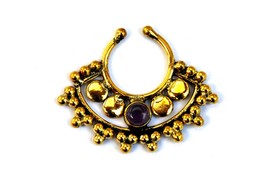 Indian Brass Septum Ring, Tribal Septum Ring with Amethyst Crystal, Fake... - £6.29 GBP