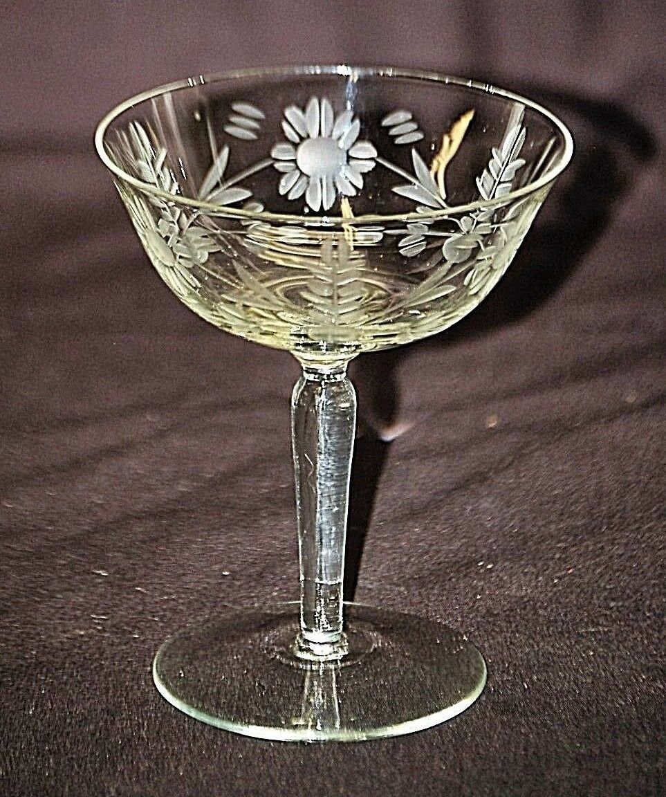 Old Vintage Elegant Etched Champagne Glass Floral Design Stem Glassware - $12.86