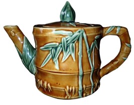 Teapot Bamboo Leaves Motif Brown Green Ceramic Asian Decorative - £15.65 GBP