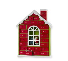 Red Christmas House Countdown Calendar 24 Fillable Cupboards Wooden 16" High