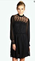 NWT Black Hi Neck Long Sleeve Lace Trim Dress Sz 6 - £21.39 GBP