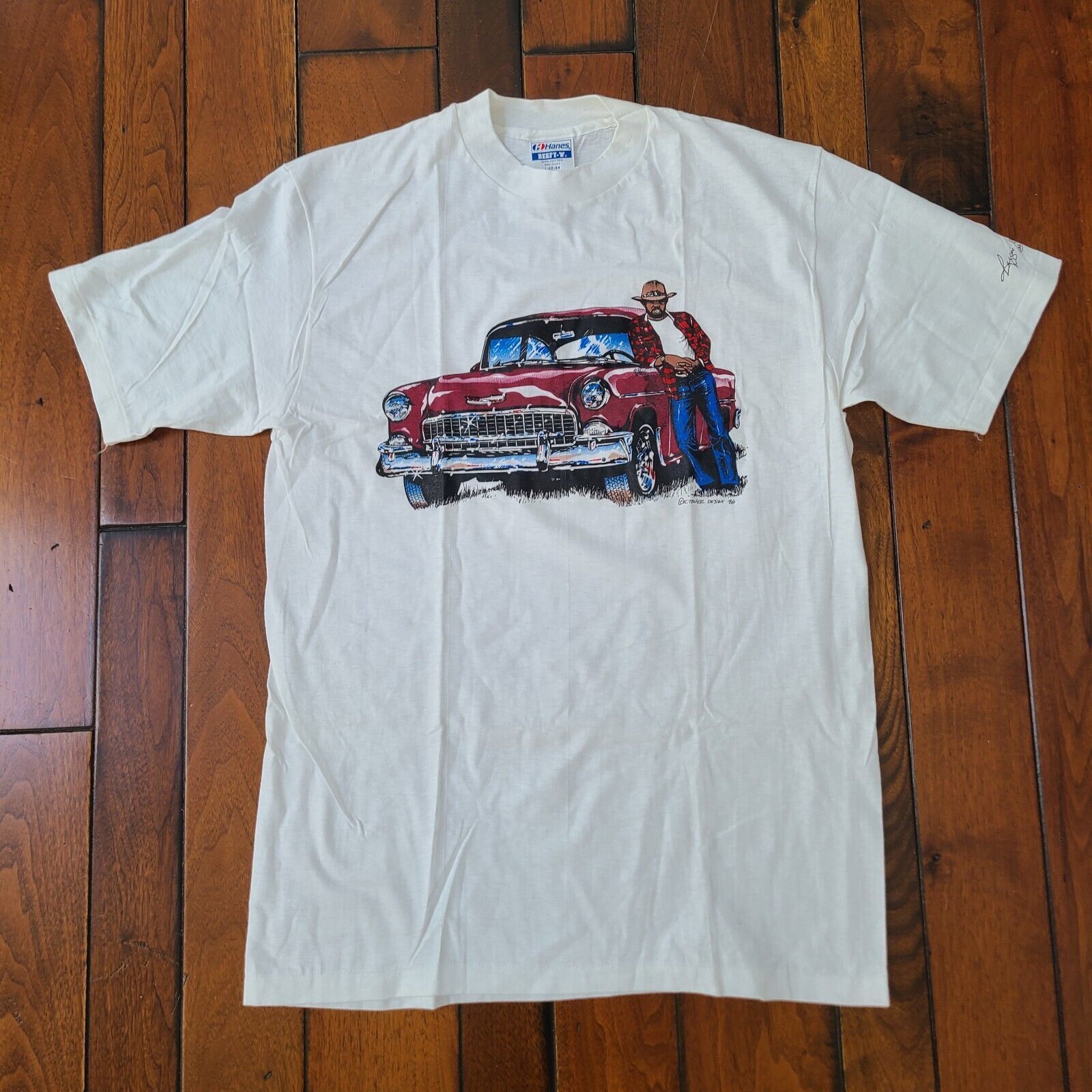 Primary image for Vintage Reggie Jackson 55 Chevy Shirt Oakland A's Single Stitch Size L 1986 NOS