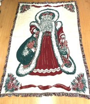 Vintage Throw Blanket Tapestry Christmas Santa Claus Old World Fringe Cotton - £25.29 GBP