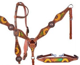 Western Horse Leather Tack Set Sunflower Design Bridle Breast Collar + W... - £78.23 GBP