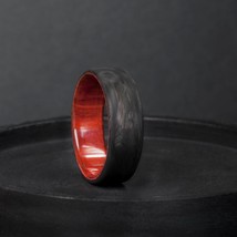 Carbon Fiber Ring with Redheart Wood - Stylish Mens Wedding Band, Forged Carbon - £148.62 GBP