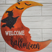Welcome Halloween Witch Bats Moon Face Wood HANGING Decor Glittery Decoration - £9.65 GBP