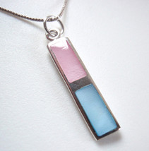 Pink &amp; Blue Mother of Pearl 925 Sterling Silver Pendant Long Slim Rectangle Bar - £16.90 GBP
