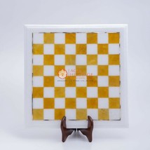 White Marble Handmade Top Chess Set Mosaic Yellow Inlay Art Play Room Decor Gift - £1,022.26 GBP
