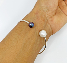 Black &amp; White Pearl End Cuff Bracelet 925 Sterling Silver, Double Pearl Bangle - £68.94 GBP