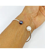 Black &amp; White Pearl End Cuff Bracelet 925 Sterling Silver, Double Pearl ... - £69.54 GBP