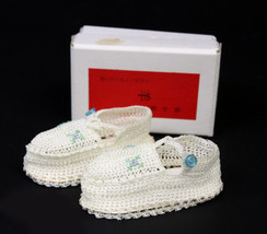 Vintage Chinese Baby Shoes Knit Booties Blue Flowers Buttons 3m Size - £23.45 GBP